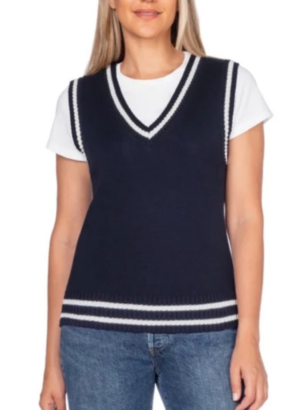 NWT 🫶🏼 In Conversation Navy V-Neck Sweater Vest with White Stripe Trim